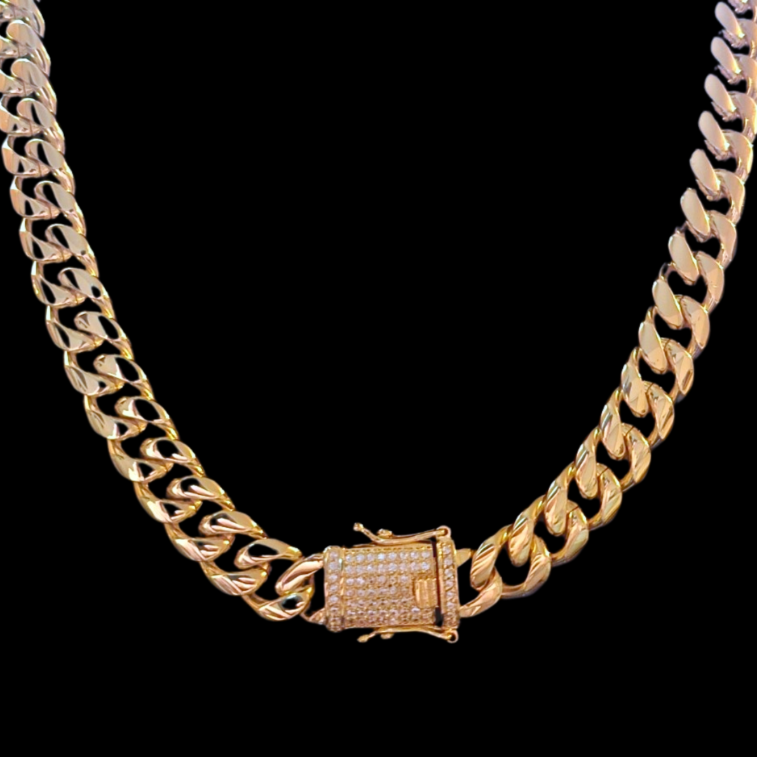 14K Gold Miami Cuban Chain with iced out clasp - 12MM