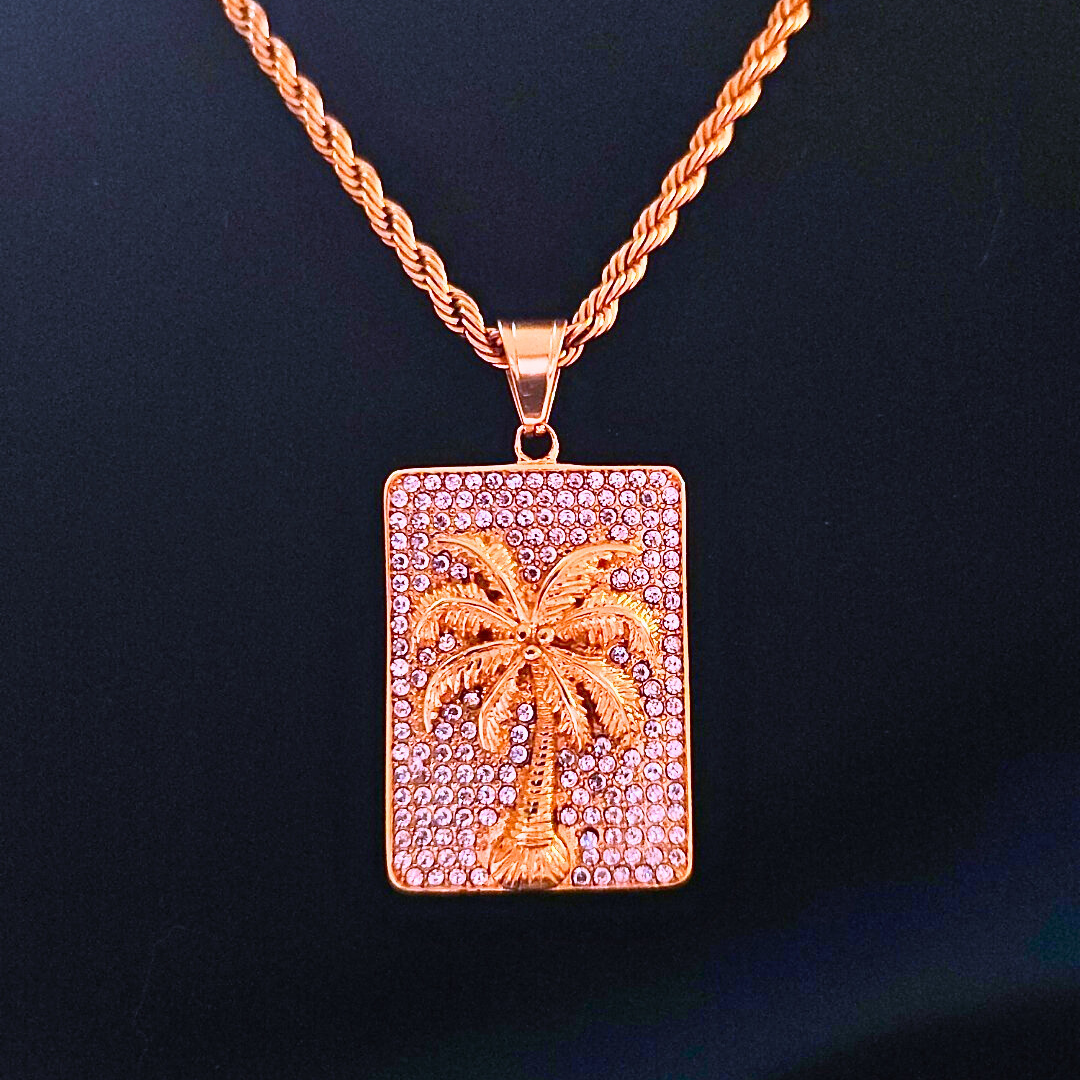 18K Gold Iced Out Palm Tree Pendant